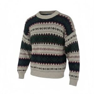 Timber Trail Men’s Vintage Fair Isle Knit Sweater Large Cream Green Red Winter